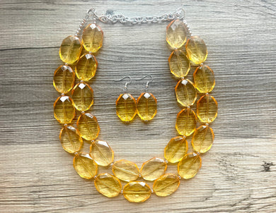 Marigold Yellow Statement Necklace & Earrings, double strand yellow jewelry, yellow bib chunky necklace, yellow oval necklace