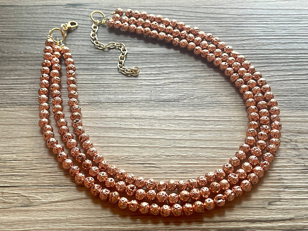 Rosegold Lava Rock Chunky Statement Necklace, 3 Strand Beaded Jewelry pink copper gold jewelry, bridesmaid wedding bib rose gold