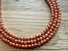 Load image into Gallery viewer, Rosegold Lava Rock Chunky Statement Necklace, 3 Strand Beaded Jewelry pink copper gold jewelry, bridesmaid wedding bib rose gold