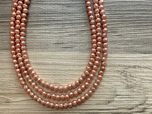 Rosegold Lava Rock Chunky Statement Necklace, 3 Strand Beaded Jewelry pink copper gold jewelry, bridesmaid wedding bib rose gold