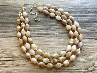 Tan Sand + Gold Chunky Statement Necklace, multi Strand Beaded Jewelry, brown champagne jewelry, 3 strand chunky bib earrings