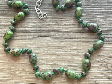 Polished Ruby in Zoisite GemStone Necklace green pink mauve brown, silver statement necklace jewelry long beaded statement layering necklace