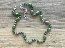 Load image into Gallery viewer, Polished Ruby in Zoisite GemStone Necklace green pink mauve brown, silver statement necklace jewelry long beaded statement layering necklace