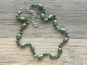 Polished Ruby in Zoisite GemStone Necklace green pink mauve brown, silver statement necklace jewelry long beaded statement layering necklace