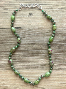Polished Ruby in Zoisite GemStone Necklace green pink mauve brown, silver statement necklace jewelry long beaded statement layering necklace