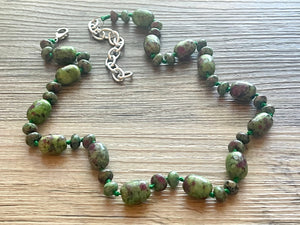 Polished Ruby in Zoisite GemStone Necklace green pink mauve brown, silver statement necklace jewelry long beaded statement layering necklace