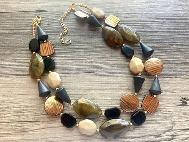 Neutral Mountain Tan Brown Chunky Statement Necklace, gold Olive bib necklace, tan champagne black, wedding bridesmaid chunky neutral