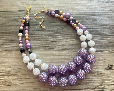 Patricia Purple Chunky Statement Necklace Double Strand Beaded Jewelry, lavender pink black white jewelry bridesmaid wedding necklace