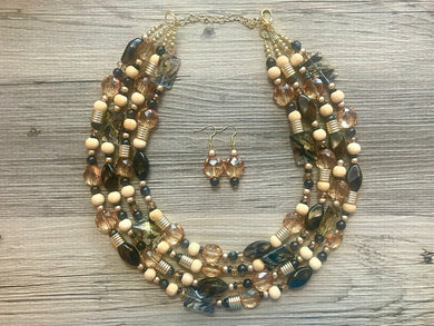 Cairo chunky necklace, Gold & Black Wanderlust Collection beaded jewelry, resin beaded necklace, neutral necklace, white wood tan