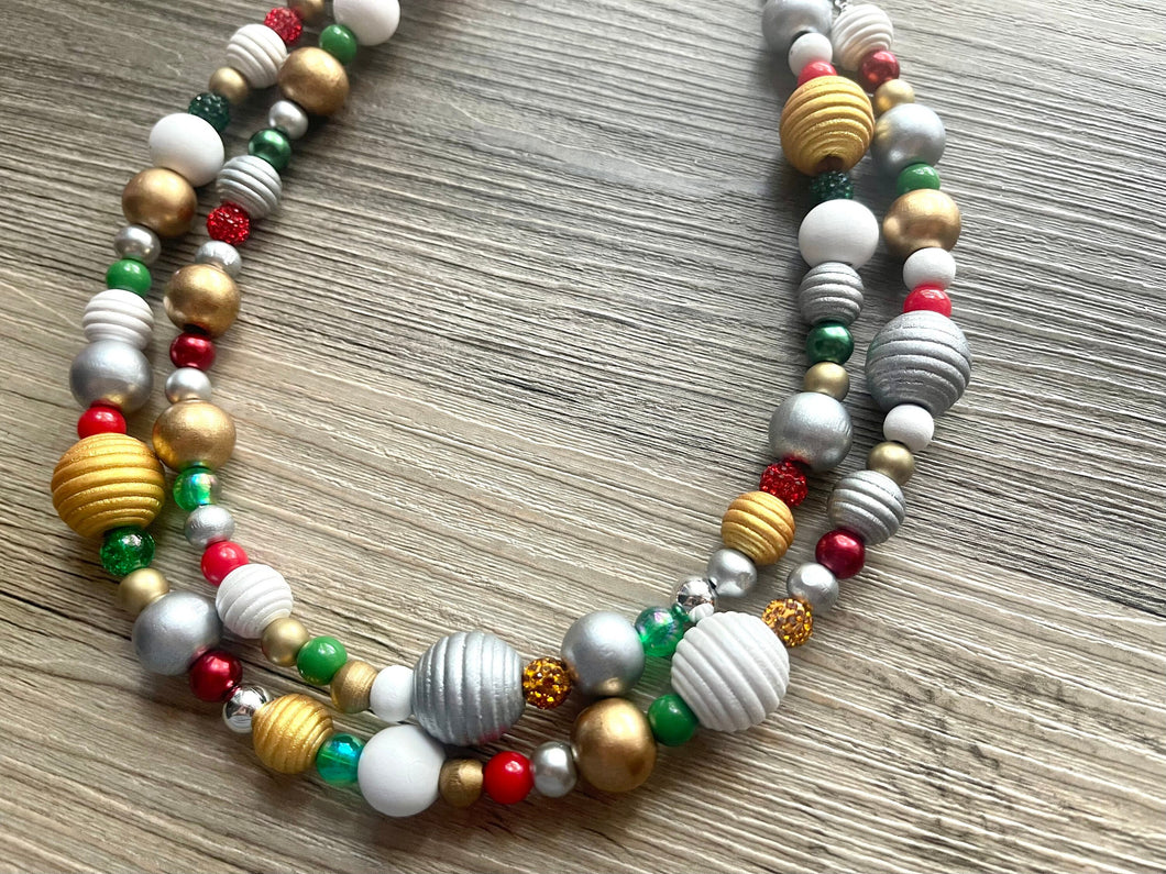 Christmas Necklace, Red Green white silver gold Holiday Christmas Jewelry, Red Green Jewelry Beaded Christmas Gift Christmas Present