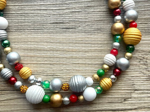 Christmas Necklace, Red Green white silver gold Holiday Christmas Jewelry, Red Green Jewelry Beaded Christmas Gift Christmas Present