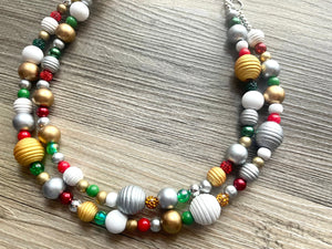 Christmas Necklace, Red Green white silver gold Holiday Christmas Jewelry, Red Green Jewelry Beaded Christmas Gift Christmas Present