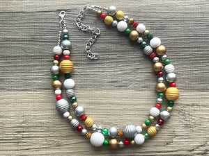 Christmas Necklace, Red Green white silver gold Holiday Christmas Jewelry, Red Green Jewelry Beaded Christmas Gift Christmas Present