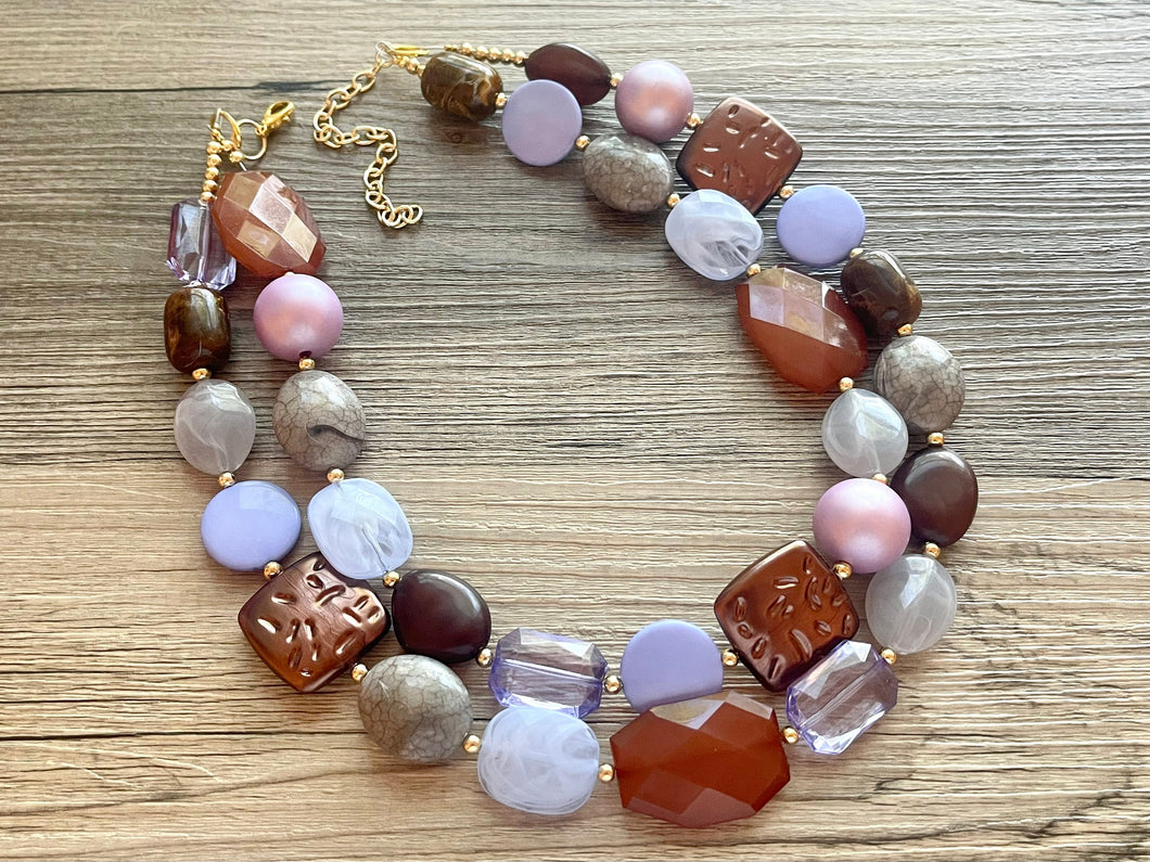 Lilac Carousel double strand OOAK statement Necklace, Purple Pink Brown Necklace, summer gold jewelry lavender mocha chocolate