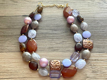 Load image into Gallery viewer, Lilac Carousel double strand OOAK statement Necklace, Purple Pink Brown Necklace, summer gold jewelry lavender mocha chocolate