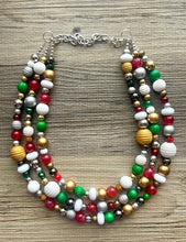 Load image into Gallery viewer, Merry Christmas Necklace, Red &amp; Green Holiday Jewelry, Christmas Jewelry, Gold silver Jewelry, Beaded Christmas Gift Present