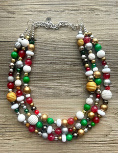 Merry Christmas Necklace, Red & Green Holiday Jewelry, Christmas Jewelry, Gold silver Jewelry, Beaded Christmas Gift Present