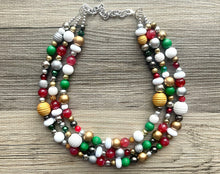 Load image into Gallery viewer, Merry Christmas Necklace, Red &amp; Green Holiday Jewelry, Christmas Jewelry, Gold silver Jewelry, Beaded Christmas Gift Present