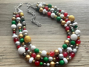 Merry Christmas Necklace, Red & Green Holiday Jewelry, Christmas Jewelry, Gold silver Jewelry, Beaded Christmas Gift Present