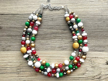 Load image into Gallery viewer, Merry Christmas Necklace, Red &amp; Green Holiday Jewelry, Christmas Jewelry, Gold silver Jewelry, Beaded Christmas Gift Present