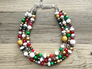 Merry Christmas Necklace, Red & Green Holiday Jewelry, Christmas Jewelry, Gold silver Jewelry, Beaded Christmas Gift Present