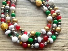 Load image into Gallery viewer, Merry Christmas Necklace, Red &amp; Green Holiday Jewelry, Christmas Jewelry, Gold silver Jewelry, Beaded Christmas Gift Present