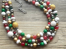 Load image into Gallery viewer, Merry Christmas Necklace, Red &amp; Green Holiday Jewelry, Christmas Jewelry, Gold silver Jewelry, Beaded Christmas Gift Present