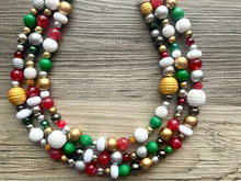 Load image into Gallery viewer, Merry Christmas Necklace, Red &amp; Green Holiday Jewelry, Christmas Jewelry, Gold silver Jewelry, Beaded Christmas Gift Present