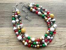 Load image into Gallery viewer, Merry Christmas Necklace, Red &amp; Green Holiday Jewelry, Christmas Jewelry, Gold silver Jewelry, Beaded Christmas Gift Present