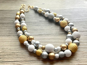 Black Silver & Resin Chunky Statement Necklace Double Strand Beaded jewelry, bridesmaid bib wedding shimmer bubble necklace