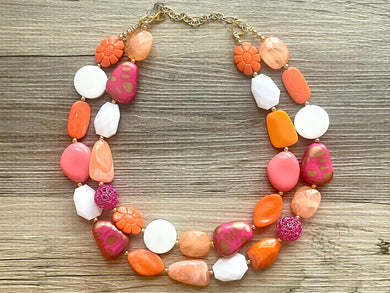 Summer Solstice OOAK chunky beaded statement necklace, pink and orange necklace, pink jewelry, beaded pink vacation necklace