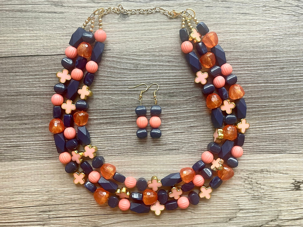 Fiesta Coral Big Bead Necklace, 3 Strand Statement Jewelry, dark blue Chunky bib bridesmaid everyday jewelry peach beaded navy blue