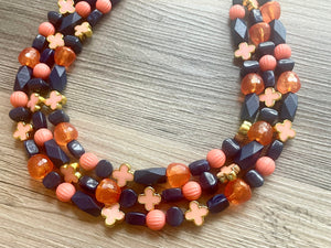 Fiesta Coral Big Bead Necklace, 3 Strand Statement Jewelry, dark blue Chunky bib bridesmaid everyday jewelry peach beaded navy blue