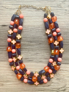 Fiesta Coral Big Bead Necklace, 3 Strand Statement Jewelry, dark blue Chunky bib bridesmaid everyday jewelry peach beaded navy blue