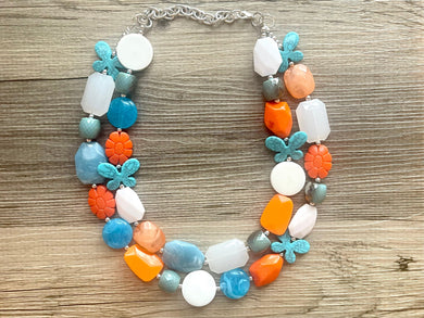 Blue Butterfly Chunky Statement Necklace double Strand Beaded jewelry, bridesmaid bib blue orange necklace, white aqua necklace
