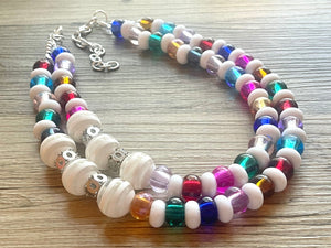 Multi-Color Rainbow Silver Necklace, Sprinkle Shower Chunky Statement Necklace Happy Bright Summer Jewelry, big beaded jewelry