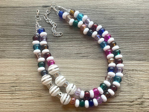 Multi-Color Rainbow Silver Necklace, Sprinkle Shower Chunky Statement Necklace Happy Bright Summer Jewelry, big beaded jewelry