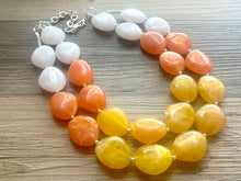 Load image into Gallery viewer, Candy Corn Statement Necklace, chunky bib beaded jewelry, Halloween jewelry white yellow orange necklace, beaded acrylic jewelry