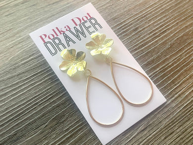 Gold Floral earrings, oval earrings, tortoise jewelry, gold geometric earrings pierced dangle drop Statement teardrop metal brass