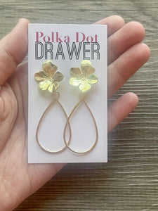 Gold Floral earrings, oval earrings, tortoise jewelry, gold geometric earrings pierced dangle drop Statement teardrop metal brass