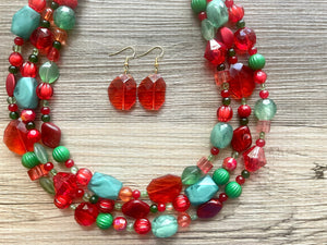 Christmas Jewelry Set, Red Green Gold Holiday Necklace Earrings Bracelet Jewelry, Red Green Jewelry, Beaded Christmas Gift Present