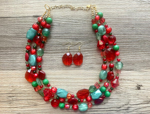 Christmas Jewelry Set, Red Green Gold Holiday Necklace Earrings Bracelet Jewelry, Red Green Jewelry, Beaded Christmas Gift Present