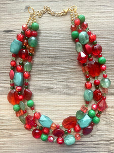 Christmas Jewelry Set, Red Green Gold Holiday Necklace Earrings Bracelet Jewelry, Red Green Jewelry, Beaded Christmas Gift Present