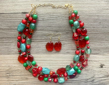 Load image into Gallery viewer, Christmas Jewelry Set, Red Green Gold Holiday Necklace Earrings Bracelet Jewelry, Red Green Jewelry, Beaded Christmas Gift Present