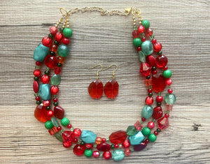 Christmas Jewelry Set, Red Green Gold Holiday Necklace Earrings Bracelet Jewelry, Red Green Jewelry, Beaded Christmas Gift Present