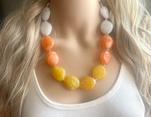 Load image into Gallery viewer, Candy Corn Statement Necklace, single chunky bib beaded jewelry, Halloween jewelry white yellow orange necklace, beaded acrylic jewelry