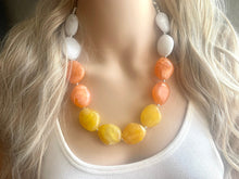 Load image into Gallery viewer, Candy Corn Statement Necklace, single chunky bib beaded jewelry, Halloween jewelry white yellow orange necklace, beaded acrylic jewelry