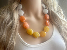 Load image into Gallery viewer, Candy Corn Statement Necklace, single chunky bib beaded jewelry, Halloween jewelry white yellow orange necklace, beaded acrylic jewelry