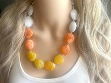 Load image into Gallery viewer, Candy Corn Statement Necklace, single chunky bib beaded jewelry, Halloween jewelry white yellow orange necklace, beaded acrylic jewelry