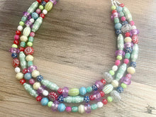 Load image into Gallery viewer, Rainbow Metallic Etched Statement Necklace, chunky multi-strand jewelry, yellow pink colorful necklace, silver jewelry, neon jewelry